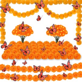 66pcs Day of The Dead Decorations Set - 2 Marigold Garland with 2 Lights & 50 Artificial Marigold Flowers with Stems & 12 Monarch Butterfly Decoration for Dia De Los Muertos Indian Diwali Altar Decor