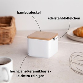 KOOK TIME Ceramic Sugar Bowl with Bamboo Spoon and Lid - Sugar Spoon for Home and Kitchen, Modern Ball Shape for Sugar, Cheese, Spices, 10 x 10 x 9 cm (White Square)
