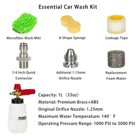 MINGOU Foam Cannon for Pressure Washer Soap Dispenser Snow Foam Cannon Car Wash with 1/4" Quick Connector,1L Bottle, Additional 1.15 mm Orifice Nozzle(Red)
