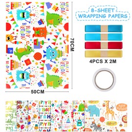 Pack of 8 Children's Gift Wrapping Paper, Dinosaur Gift Wrap Birthday, Gift Paper Children's Birthday Set with Bow and Tape, Gift Wrap for Girls, Gift Wrap Boy (50 x 70 cm)