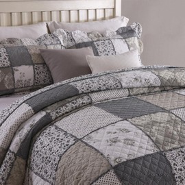 ABREEZE Grey Rose Floral Patchwork Quilts Cotton Queen Size Quilted Comforter Set Rustic Country Coverlet Bedspread Set 3-Piece