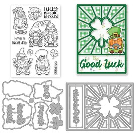 INFUNLY 3PCS St. Patrick's Day Stamps and Dies for Card Making Gnome Clear Stamps and Die Cuts Clover Stamp Frame Cutting Dies Word Rubber Stamps for DIY Scrapbooking Journaling Album Paper Crafts