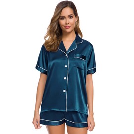 SWOMOG Conjunto de pijama de satén de seda para mujer, conjunto de pijama de dos piezas, ropa de dormir con botones, Azul Oxford, XL