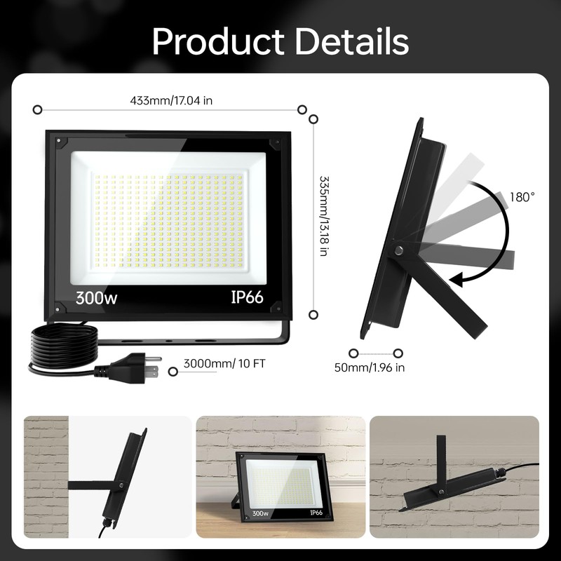 300W LED Flood Light, 36000LM Floodlight with Plug,IP66 Waterproof Outdoor