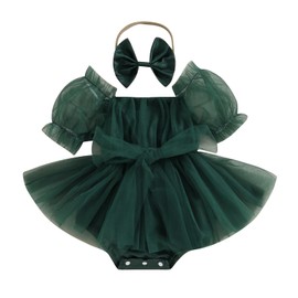 BULINGNA Infant Baby Girl Summer Princess Romper Dress Bubble Sleeve Tutu Skirted Onesie with Headband for Birthday Christmas (Green, 6-12 Months)