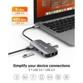 NOVOO USB C Hub, 7 in 1 Adapter USB C to HDMI 4K USB-C Hub with Ethernet, 4 x USB, 100W PD Charging Port, Mulitport Dock USB C Adapter Compatible with MacBook Pro MacBook Air
