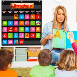 VNOM Black Calendar Pocket Chart for Classroom,School Pocket Calendar for Kids Learning for Home,Pre-k Homeschool Daycare Classroom Supplies for Teachers