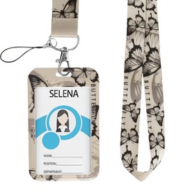 ID Card Holder with Strap, Plastic Card Holder with Butterfly Print, ID Badge Holder, Breakaway Lanyard, Neck Lanyard Strap, for Teachers, Children, Students, ID Cards, Student ID Card (Off-White)