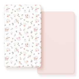 GRSSDER Stretch Ultra Soft Jersey Knit Fitted Crib Sheets Set 2 Pack, Universal Fitted Most Crib Mattress Pads Safe and Snug, Breathable Crib Fitted Sheet for Baby, Pink Rose Print