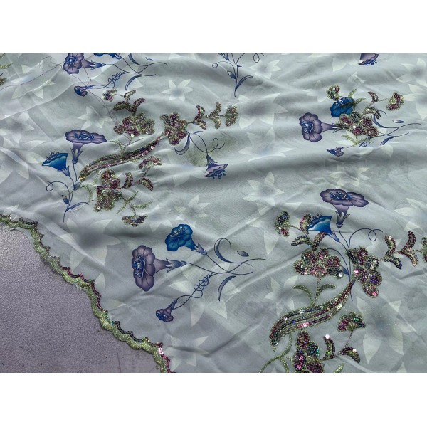 Wowfabric4less Light Blue Gold Embroidered Chiffon W/multi Sequins Fabric 50”
