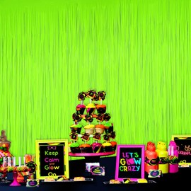 Mega-L Glow in The Dark Party Supplies, 2 Pack Neon Party Decorations 3.3 x 6.6 ft Fluorescent Macaron Yellow Tinsel Foil Fringe Curtains, Photo Booth Prop Backdrop Streamer, Birthday Party Decor