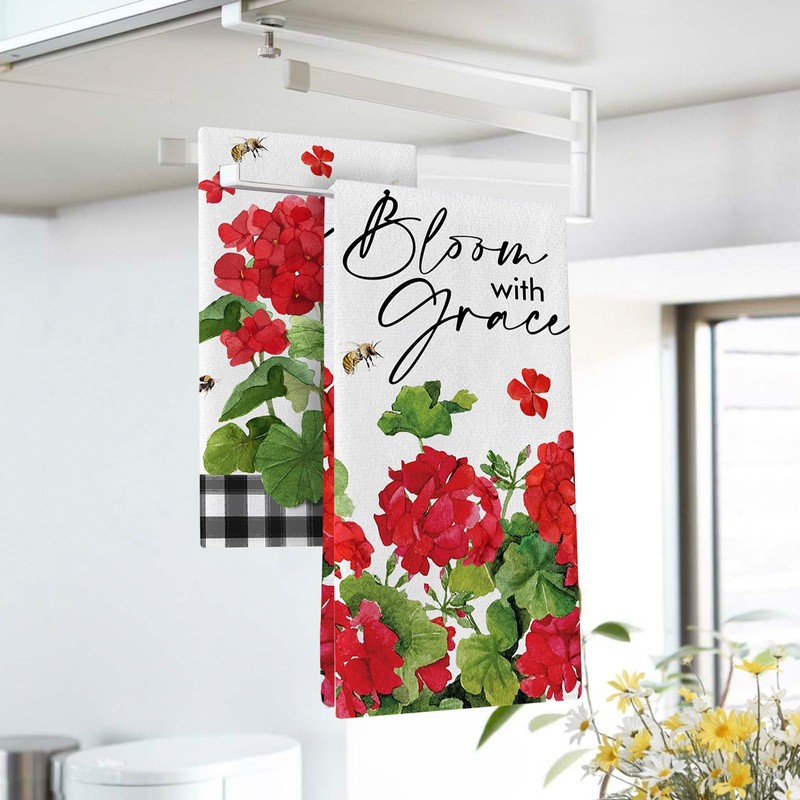 Uruney Spring Summer Geranium Flower Kitchen Dish Towels Set of