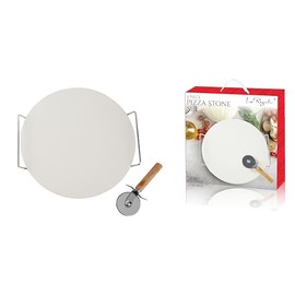 Le Regalo 3 Piece Pizza Stone Set - Cordierite Ceramic Stone for Crispy Crust, Durable Construction, Oven Safe to 450°F, Includes Serving Rack and Rolling Cutter
