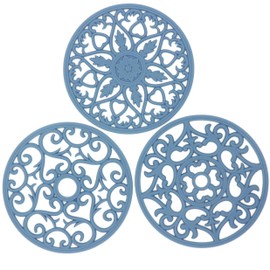 SUNMVEHOT Silicone Trivets Mats Set 3, Multi-Use Intricately Carved Trivets for Hot Dishes & Pots & Pans, Non-Slip&Flexible Round Heat Resistant Pot Holder for Kitchen Table, Countertop Hot Pads Blue