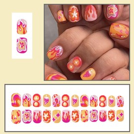 24 Pcs Spring Orange Press on Nails Short Square - YIHONGYAN Acrylic Manicure Kit Fake Nails Press ons Nail Tips Glue on Nails Full Cover Flame Flower Cute Peppers False Nails Stick on Nail for Women