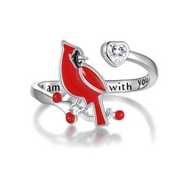 925 Sterling Silver Cardinal Ring - Red Bird Rings with Heart Cubic Zirconia Cute Animal Jewelry I am Always With You Memorial Gifts for Women