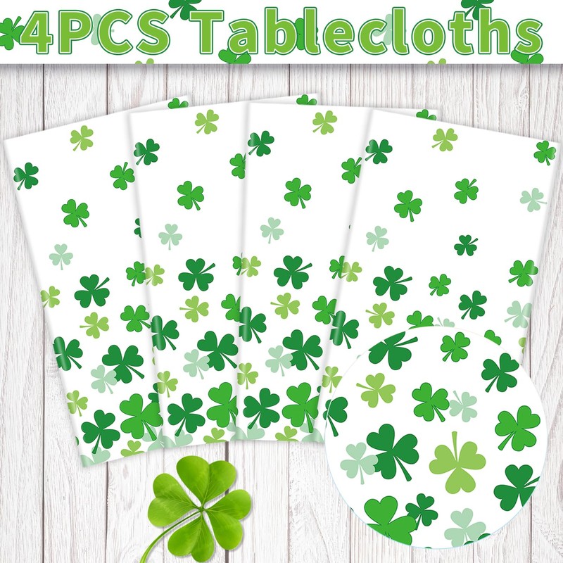 4 Pcs St Patricks Day Tablecloth Green with Assorted Shamrock