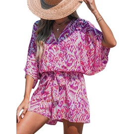 CUPSHE Women's Summer Romper Abstract Print V Neck 3/4 Sleeve Loose Drawstring Mini Jumpsuit Wide Leg Outfit Fuchsia, XL
