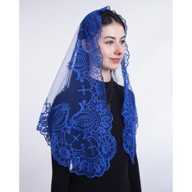 Bozidol Blue Mantilla Triangular Embroidered Carmel Mountain Virgin Mary Floral Veil for Catholic Women, Mass, and Religious Ceremonies