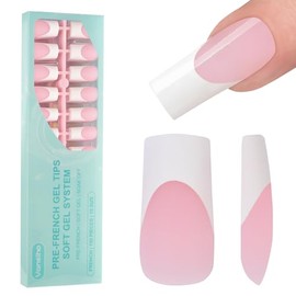 Vansiho French Tip Press On Uñas, 150Pcs Puntas de Gel Rosa Cuadradas Largas, Puntas de Gel Cuadrado Francés 3 En 1 Pre-French, Uñas Falsas para Nail 