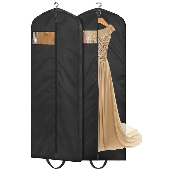 MISSLO 65" Long Garment Bags for Travel Dress Bags Wedding Dress Cover Waterproof Clothing Bags Storage Traveling Clothes Protector for Closet Wardrobe Bags 2 Packs for Gowns, Tuxedos, Coats, Black