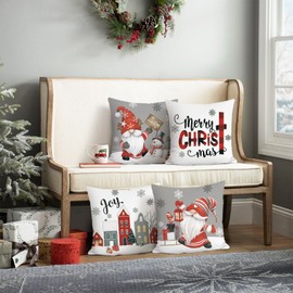 Bonhause Grey Merry Christmas Cushion Covers 45 x 45 cm Joy Gnomes Snowflakes Snowman Decorative Throw Pillow Covers for Sofa Bed Home Winter Holiday Decor Set of 4