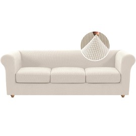 H.VERSAILTEX 4 Piece Stretch Chesterfield Sofa Slipcovers for 3 Seat Cushion Couch Mid Century Deep Seat Sofa Covers (Base Cover Plus 3 Seat Cushion Covers) Thicker Jacquard Fabric (Large Sofa, Ivory)