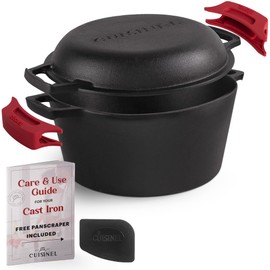 Cuisinel Cast Iron Dutch Oven - 5-Quart Deep Pot - Preseasoned 2-in-1 Multi-Cooker - Combo Lid Doubles as 10"-inch Skillet Frying Pan + Silicone Handle Covers + Scraper - Indoor/Outdoor Bread Cookware