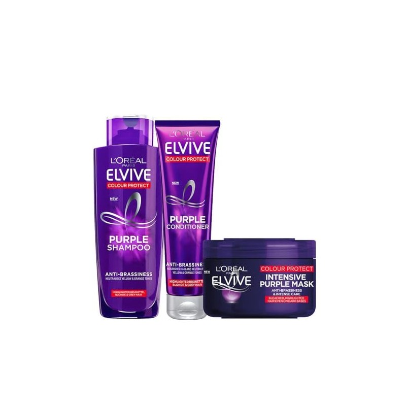 L'Oreal Paris Elvive Purple Anti-Brassiness Haircare Trio – 200ml Shampoo,