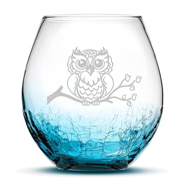 Integrity Bottles Resting Owl Design Stemless Wine Glass, Handmade, Handblown,