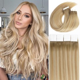 Lacer Tape in Hair Extensions Human Hair 14 Inch Natural Weft #8 Light Brown Fading to #12 Light Golden with #60 Platinum Blonde Double Sided Extensions Human Hair 50g 20pcs