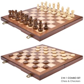 AMEROUS Wooden Chess & Checkers Set with Upgraded Weighted Chess Pieces, 15 Inches (2 in 1) Chess Board Games for Kids, Adults w/ 2 Extra Queens / 24 Cherkers Pieces/Gift Package