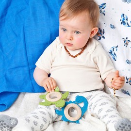 GRÜNSPECHT Organic Natural Rubber Teething Toy with Wooden Ring, Teething Aid & Toy, Massages Gums, BPA-Free, Promotes Fine Motor Skills, Dinosaur, Blue (688-00)