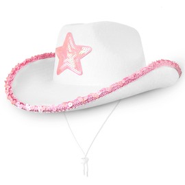 Cowboy Hats Cowgirl Unisex Felt Western (1x White Hat with Pink Star) Texas Texan Costume Accessories for Men, Women, Adults Wild West Fancy Dress Party