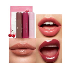 3 PCS Lipstick Set for Women, Long Lasting Nourishing Moisturizing Hydrating Tinted Lip Balm Set, Nude Peach Cherry Red Smooth Lipstick Lip Gloss for Women, Gift for Girls
