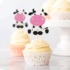 Keaziu Paquete de 24 decoraciones para cupcakes de vaca con temática de animales de granja y zoológico, suministros de fiesta de cumpleaños de tres capas