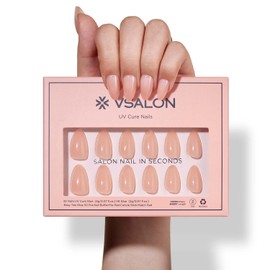 VSALON Press-On Nails - Short Almond Semi-Transparent Apricot Cream Finish Fake Nails, 32 PCS in 16 Sizes, Reusable Nail Kit with Long-Lasting UV Glue, Adhesive Tabs & Nail Glue (Belle de Jour)
