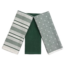 Dark Sage Green White Kitchen Hand Dish Towels: Oversized 28" x 16" 100% Cotton Cloth Soft Cleaning Drying Absorbent Striped Solid Polka Dot Design Set of 3, Multipurpose for Everyday Use