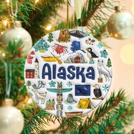 Lotacy Alaska Symbols Colorful 2D Christmas Ornament with Flag, Alaska Home Decor, Alaska Gifts and Souvenirs for Men and Women