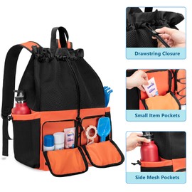 Fasrom Mesh Beach Bag Backpack with Waterproof Bag and Pocket, Large Drawstring Swim Backpack for Travel, Gym and Pool Sports, Orange (Patent Design)