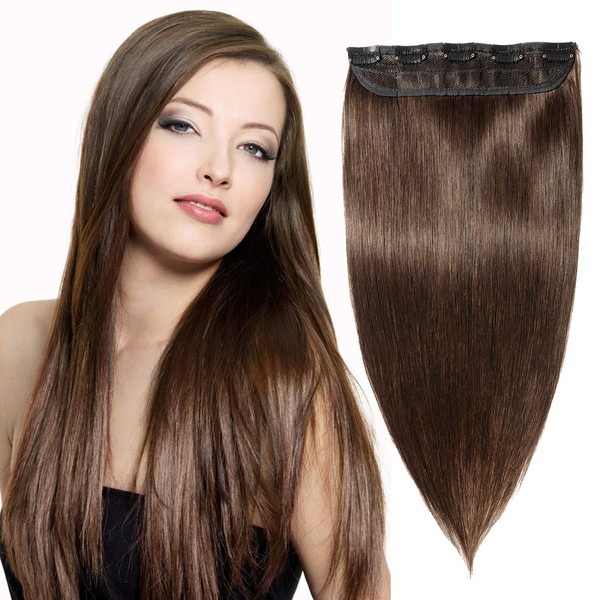S-noilite 18inch 90g Real Human Hair Clip in Extensions One Piece 3/4 Full Head 5 Clips Invisible Straight Thick Clip on Hair Extensions for Women #2 Dark Brown
