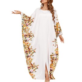 AFAVOM Muslim Abaya Dress for Women Islamic Dubai Robe Floral Print Batwing Long Sleeve Maxi Kaftan Dresses Embroidered Ramadan Prayer Moroccan Dress Loose Full Length Eid Wedding Gown White One Size