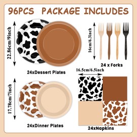 96PCS Western Cowboy Party Plates and Napkins Cow Print Party Supplies Brown Cowgirl Dessert Paper Plates Western Theme Tableware for 24 Guests Farm Animal Birthday Baby Shower Farmhouse Decorations