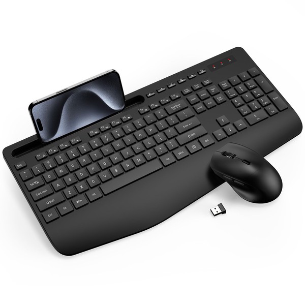 Wireless Keyboard and Mouse Combo - Full-Sized Ergonomic Keyboard with