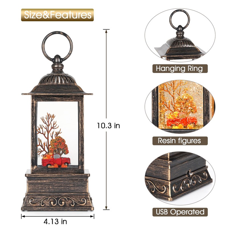 Fall Snow Globe Decorations, Glitter Red Truck Lantern with 6H