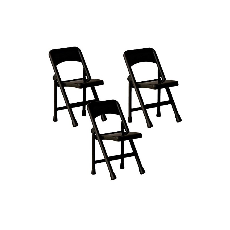 Set of 3 Plastic Toy Miniature Black Folding Chairs for