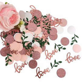 WEIKA 200 Pcs Rose Gold Glitter Wedding Table Confetti, Greenery Eucalyptus, Bridal Shower Decorations, Pink Love Confetti, Engagement Party Scatters