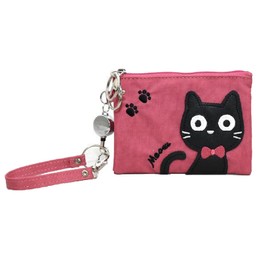 Pass Case, Cat Applique, Cute, Reel Included, Lanyard (Period/IC Card/Employee ID/Student ID/Parental Card), Nylon (Pink), Pink