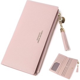 Women's Slim Wallet - Leather Lightweight, 12 Credit Card Slots, Minimalist Design, ID Window, 3 Large Cash Compartments, Zipper Pocket for Coins (Pink)