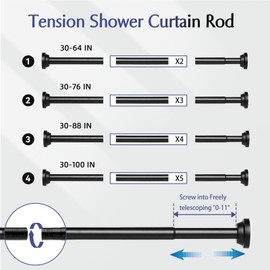Haryaers Shower Curtain Rod Adjustable Matte Black Spring Tension Stainless Steel Telescoping Rod No Drilling Rods for Bathroom Closet Windows No Drilling No Slip No Rust 30 to 64 Inch